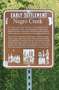 A sign with the title Early Settlement Negro Creek, followed by detailed info about the settlement with illustrations at the bottom.