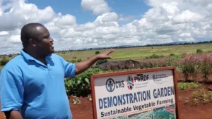 African man beside a sustainable vegetable garden