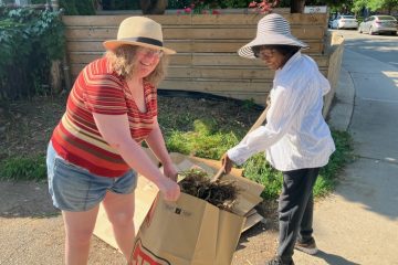 Sarah and Esther gardening